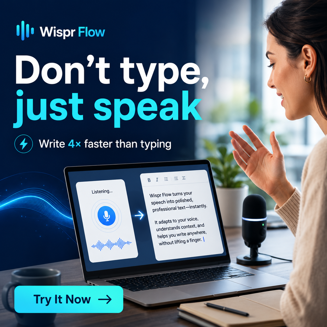 Wispr Flow. Don't type, just speak. Write four times faster than typing. Try it now.