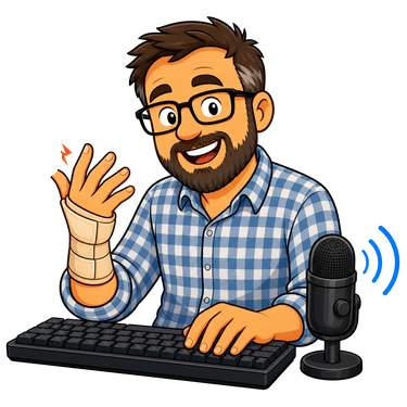 Cartoon writer using voice dictation with a sore hand